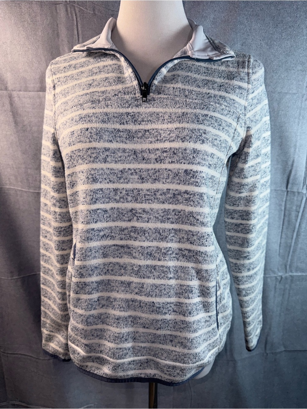 2164-Thread & Supply Gray and White Striped Quarter-Zip Pullover